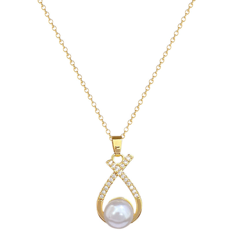 Cross-Design Diamond-Encrusted Pearl Necklace Set