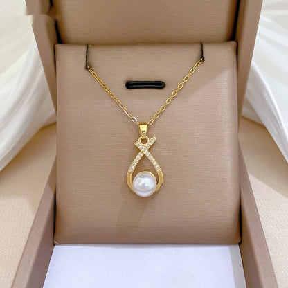 Cross-Design Diamond-Encrusted Pearl Necklace Set