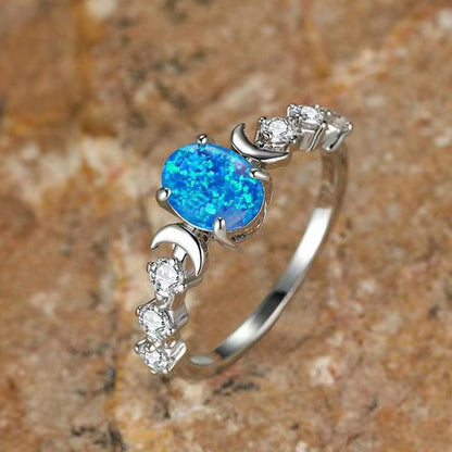 Oval White Opal Moon Ring Retro